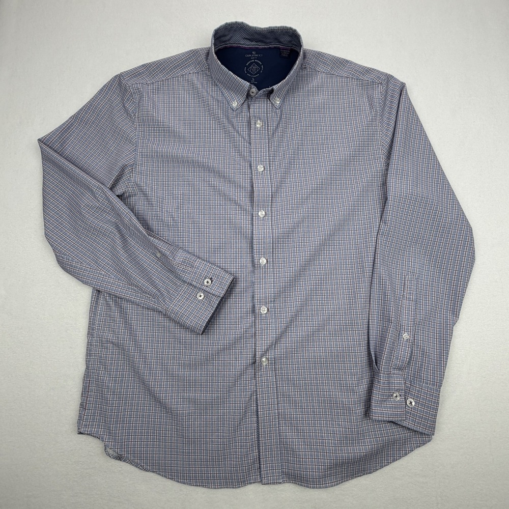Con.Struct Mens Slim Fit Blue Red Micro Plaid Performance Stretch Shirt Large